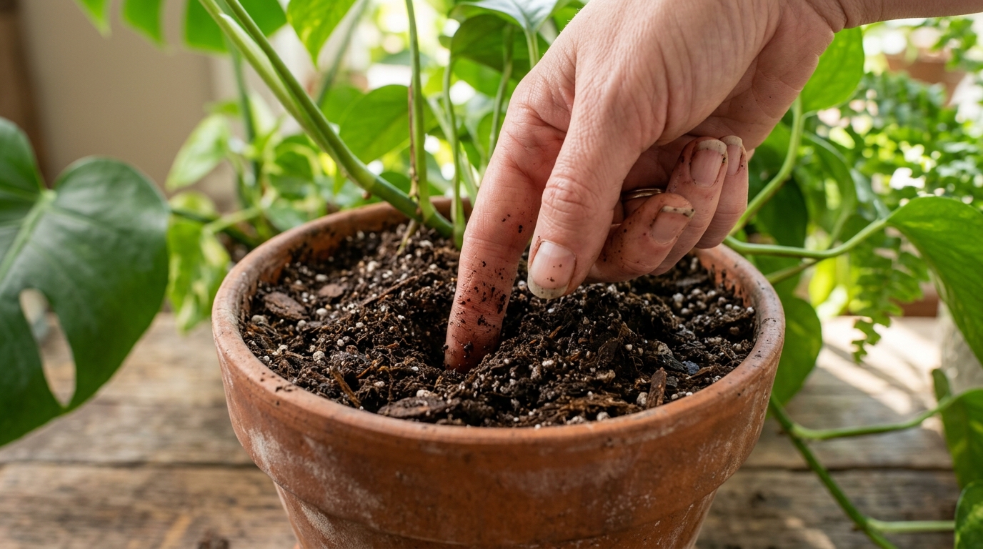 Jade Succulent Care: 5 Mistakes That Kill Your Plant 2 Testing soil moisture before watering jade succulent plant to prevent overwatering and root rot