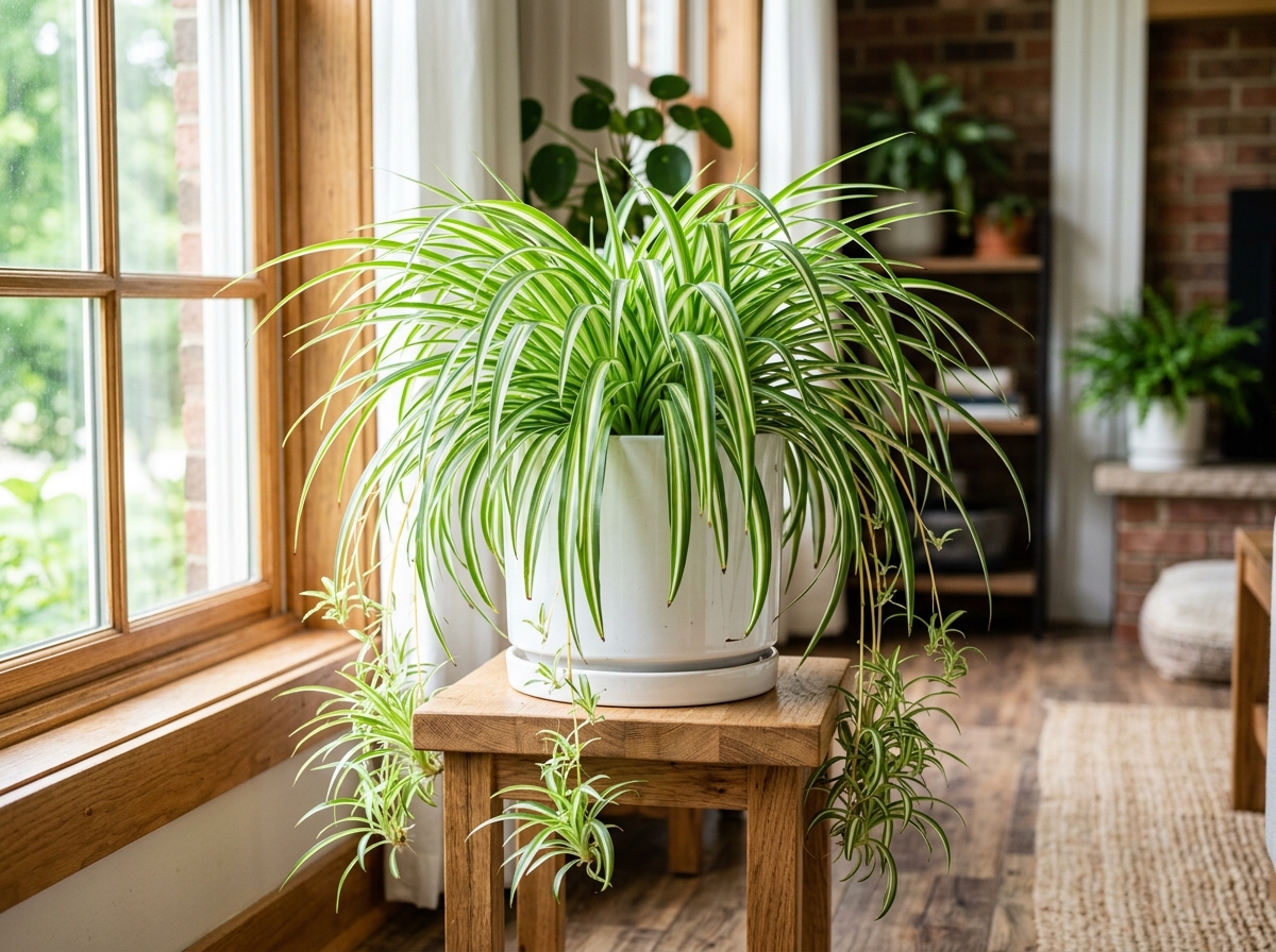 Spider Plant Receiving Balanced Nutrition Spider plant Chlorophytum comosum thriving on a bright indoor plant stand with arching green leaves
